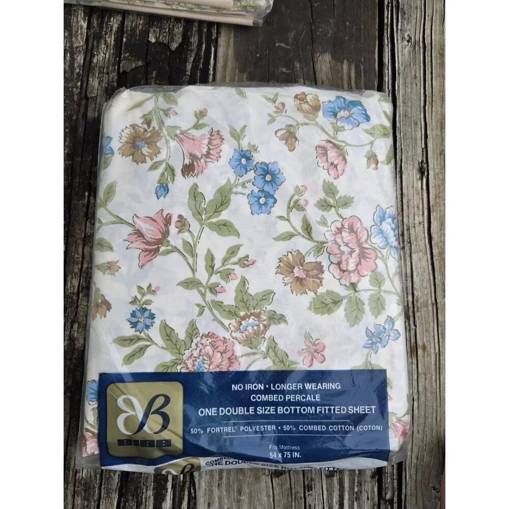Vintage Bibb Double Full Fitted Flat 2 Pillow Sheet Set Tapestry Rose Floral New